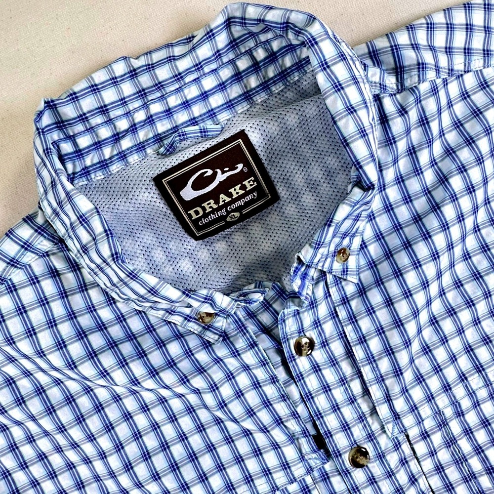 Drake Waterfowl Mens XL Blue Plaid Vented Fishing Shirt Long Sleeve Button Down